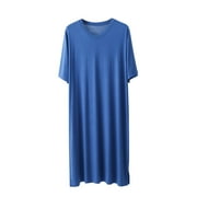 Yaoyar Mens Nightshirt Cotton Nightgown V Neck Short Sleeve PJ Soft Long Sleepwear Loose Pajamas Sleep Shirt Blue 2XL